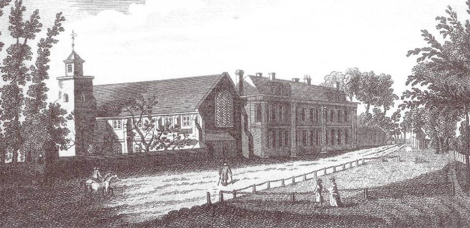 Early engraving of The College of God's Gift seen from Gallery Road, before the west wing was built
