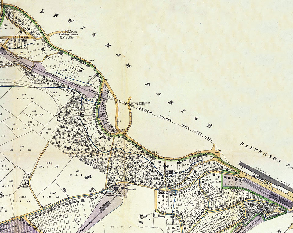 Extract from 1886 map shows the ridge of Sydenham Hill, with the High Level Line station, newly developed houses and roads built by The Crystal Palace Company 