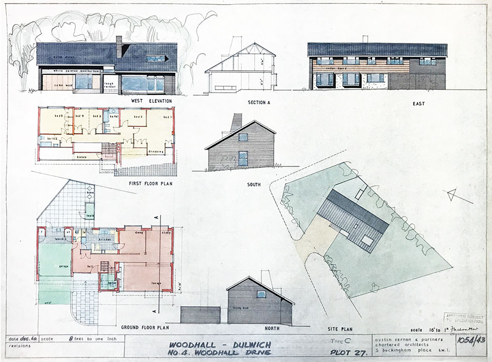 Architect's drawing for a house at Woodhall Drive from 1960